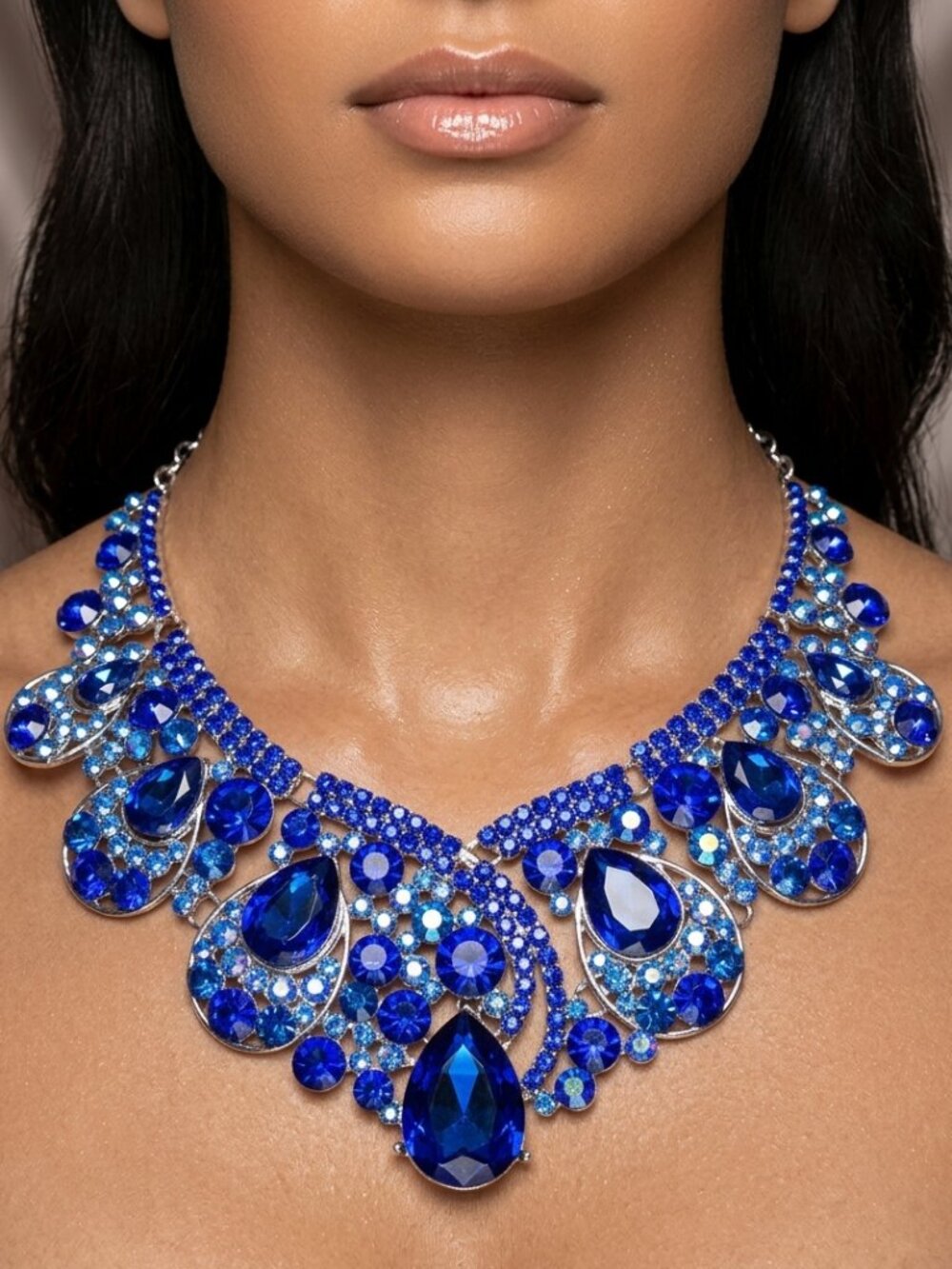 Dazzling Royal Blue Crystal Statement Bib Necklace